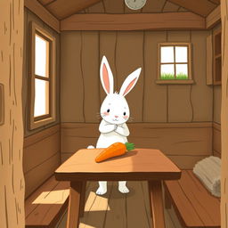 Inside a wooden cabin, a cute little white rabbit is gently placing a bright orange carrot on a brown wooden table