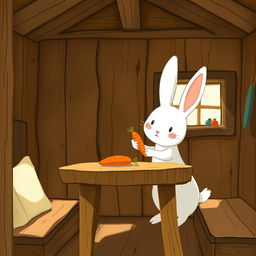Inside a wooden cabin, a cute little white rabbit is gently placing a bright orange carrot on a brown wooden table
