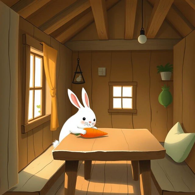 Inside a wooden cabin, a cute little white rabbit is gently placing a bright orange carrot on a brown wooden table