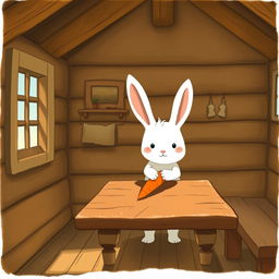 Inside a wooden cabin, a cute little white rabbit is gently placing a bright orange carrot on a brown wooden table