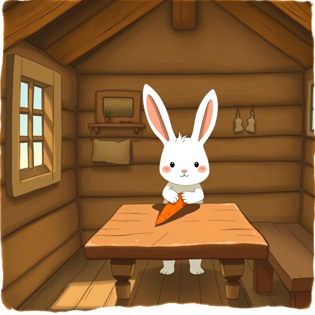 Inside a wooden cabin, a cute little white rabbit is gently placing a bright orange carrot on a brown wooden table