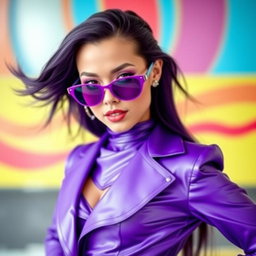 A character dressed in a vibrant purple costume, complete with stylish purple sunglasses