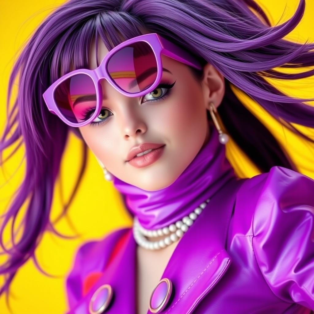 A character dressed in a vibrant purple costume, complete with stylish purple sunglasses