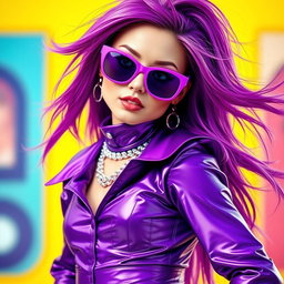 A character dressed in a vibrant purple costume, complete with stylish purple sunglasses