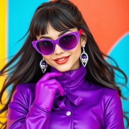A character dressed in a vibrant purple costume, complete with stylish purple sunglasses