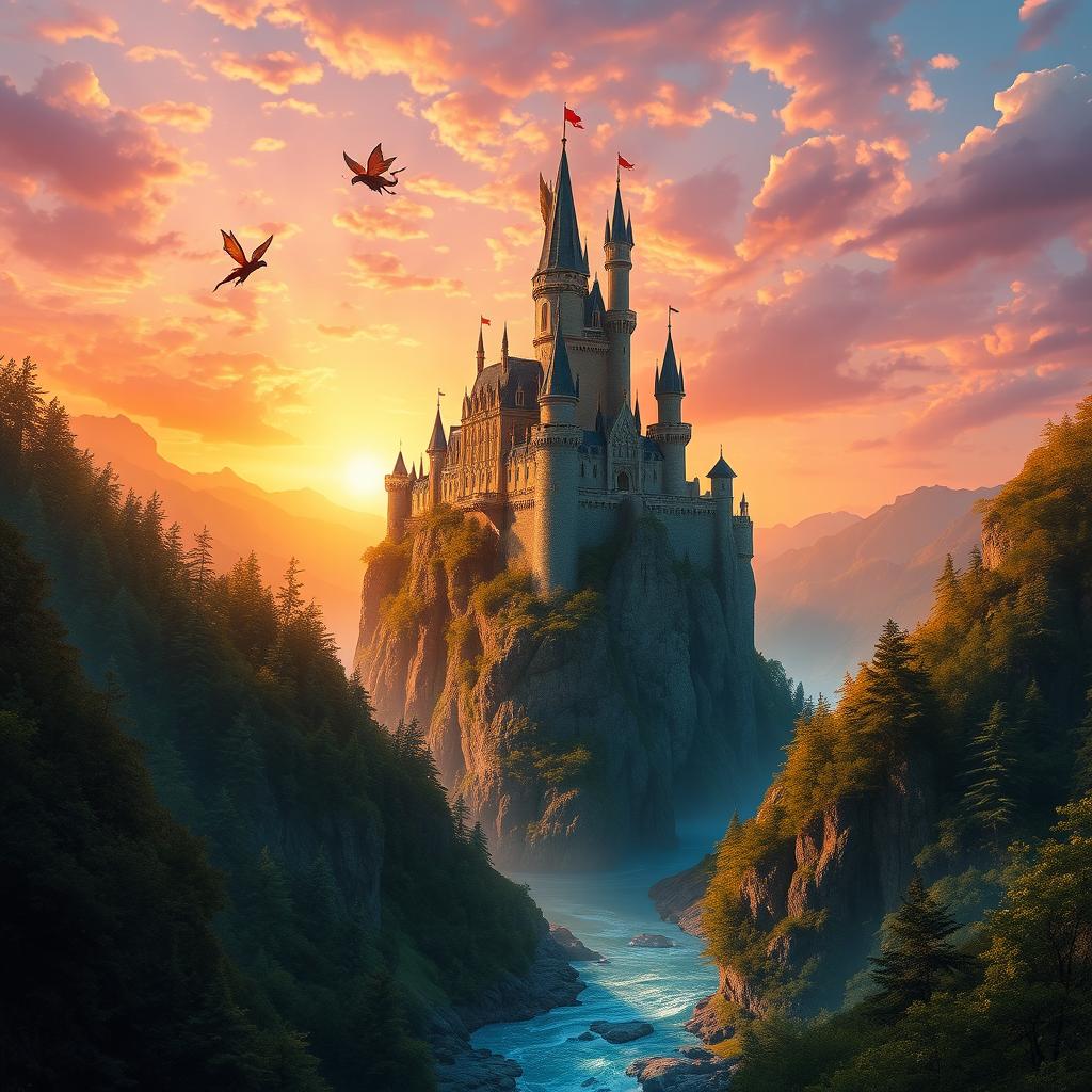 a beautiful fantasy landscape featuring a majestic castle on a cliff surrounded by a vibrant sunset sky, with a river flowing at the bottom, lush green forests on either side, and magical creatures like fairies and dragons flying around