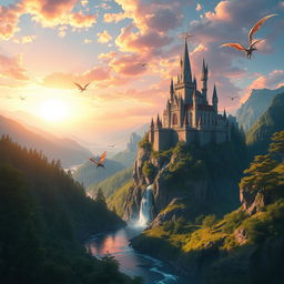 a beautiful fantasy landscape featuring a majestic castle on a cliff surrounded by a vibrant sunset sky, with a river flowing at the bottom, lush green forests on either side, and magical creatures like fairies and dragons flying around