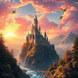 a beautiful fantasy landscape featuring a majestic castle on a cliff surrounded by a vibrant sunset sky, with a river flowing at the bottom, lush green forests on either side, and magical creatures like fairies and dragons flying around