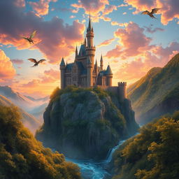 a beautiful fantasy landscape featuring a majestic castle on a cliff surrounded by a vibrant sunset sky, with a river flowing at the bottom, lush green forests on either side, and magical creatures like fairies and dragons flying around