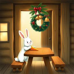 Inside a wooden cabin, a cute little white rabbit is placing a bright orange carrot on a brown wooden table