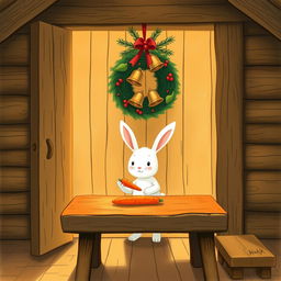 Inside a wooden cabin, a cute little white rabbit is placing a bright orange carrot on a brown wooden table