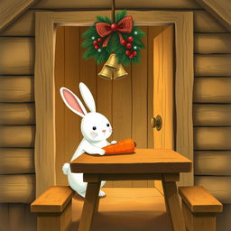 Inside a wooden cabin, a cute little white rabbit is placing a bright orange carrot on a brown wooden table