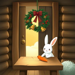 Inside a wooden cabin, a cute little white rabbit is placing a bright orange carrot on a brown wooden table
