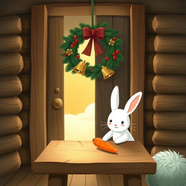 Inside a wooden cabin, a cute little white rabbit is placing a bright orange carrot on a brown wooden table