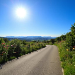 A picturesque view featuring a beautiful, winding road surrounded by lush greenery and colorful wildflowers