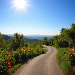 A picturesque view featuring a beautiful, winding road surrounded by lush greenery and colorful wildflowers
