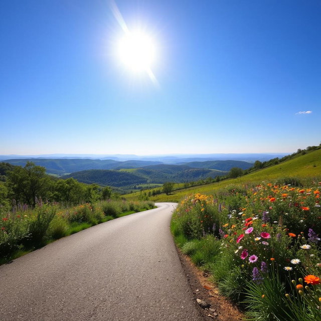 A picturesque view featuring a beautiful, winding road surrounded by lush greenery and colorful wildflowers