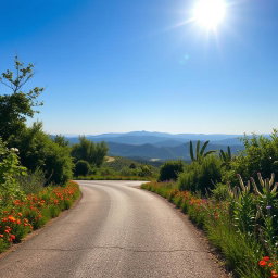 A picturesque view featuring a beautiful, winding road surrounded by lush greenery and colorful wildflowers