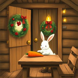 Inside a cozy wooden cabin, a cute little white rabbit is placing a bright orange carrot on a brown wooden table
