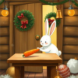 Inside a cozy wooden cabin, a cute little white rabbit is placing a bright orange carrot on a brown wooden table