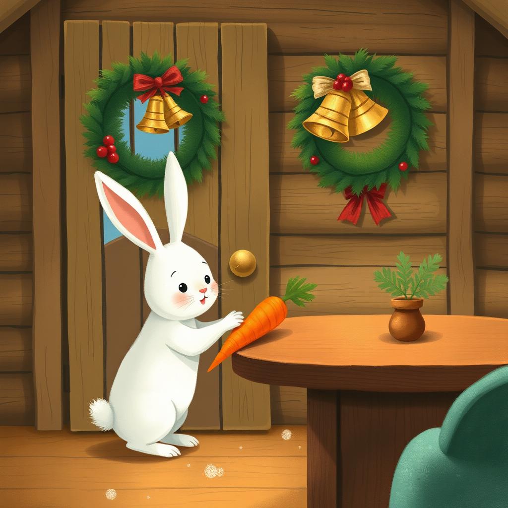 Inside a cozy wooden cabin, a cute little white rabbit is placing a bright orange carrot on a brown wooden table