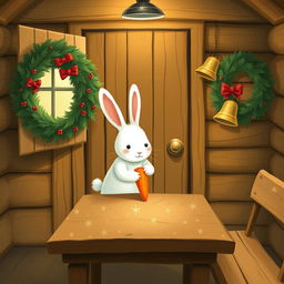 Inside a cozy wooden cabin, a cute little white rabbit is placing a bright orange carrot on a brown wooden table