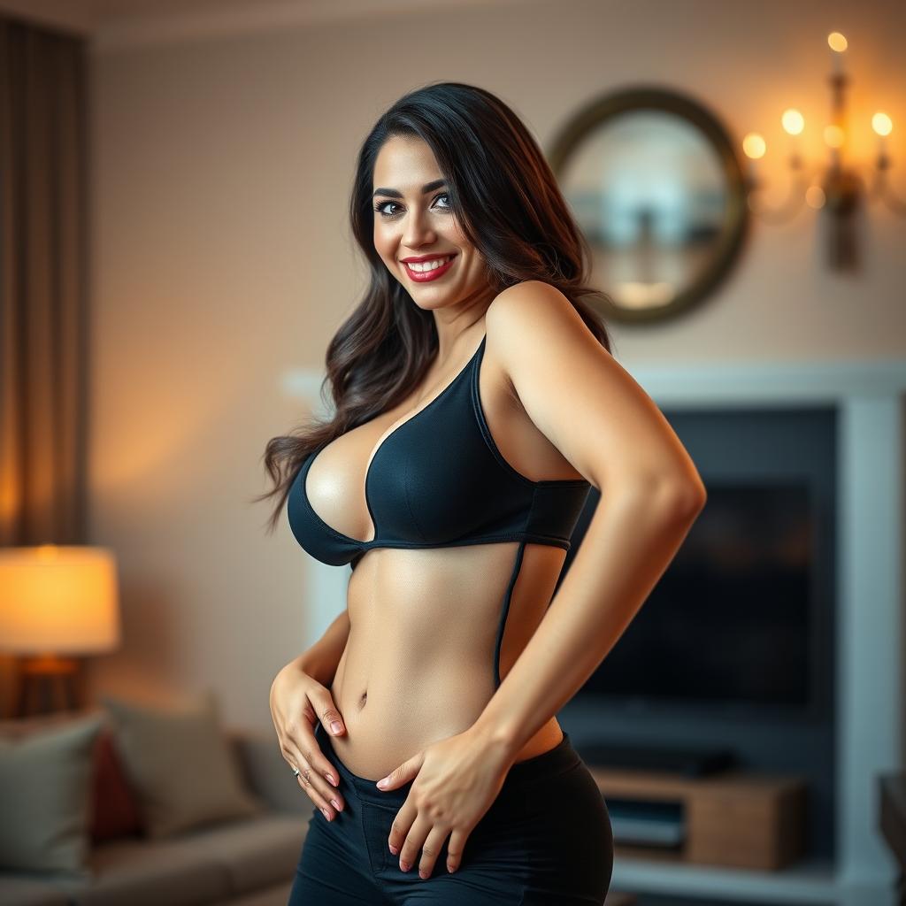 A voluptuous brunette milf with big breasts, showcasing her confident and alluring pose