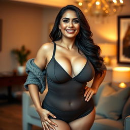 A voluptuous brunette milf with big breasts, showcasing her confident and alluring pose