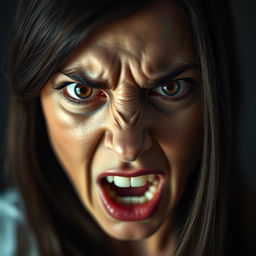 A close-up portrait of a woman with her eyes wide open, expressing intense anger