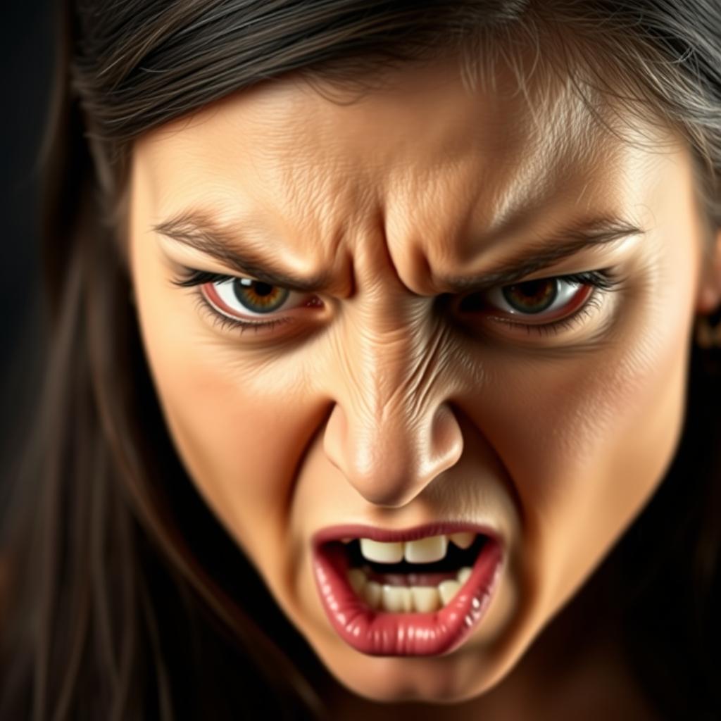 A close-up portrait of a woman with her eyes wide open, expressing intense anger