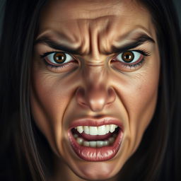 A close-up portrait of a woman with her eyes wide open, expressing intense anger