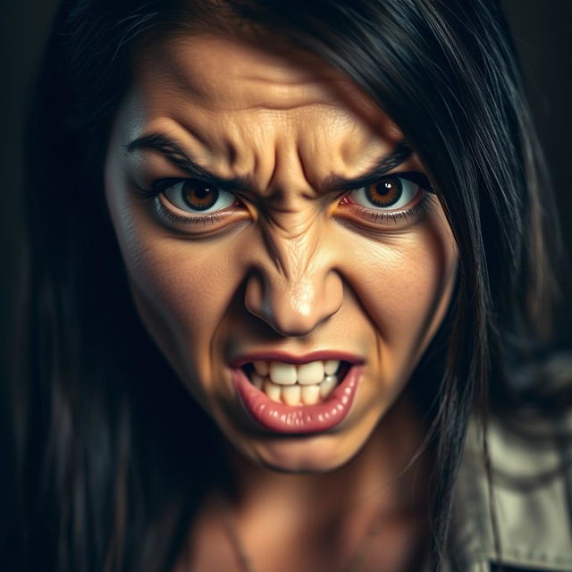 A close-up portrait of a woman with her eyes wide open, expressing intense anger
