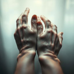 A close-up image of a pair of hands showcasing prominent veins, artistically lit to highlight the details of the skin and veins