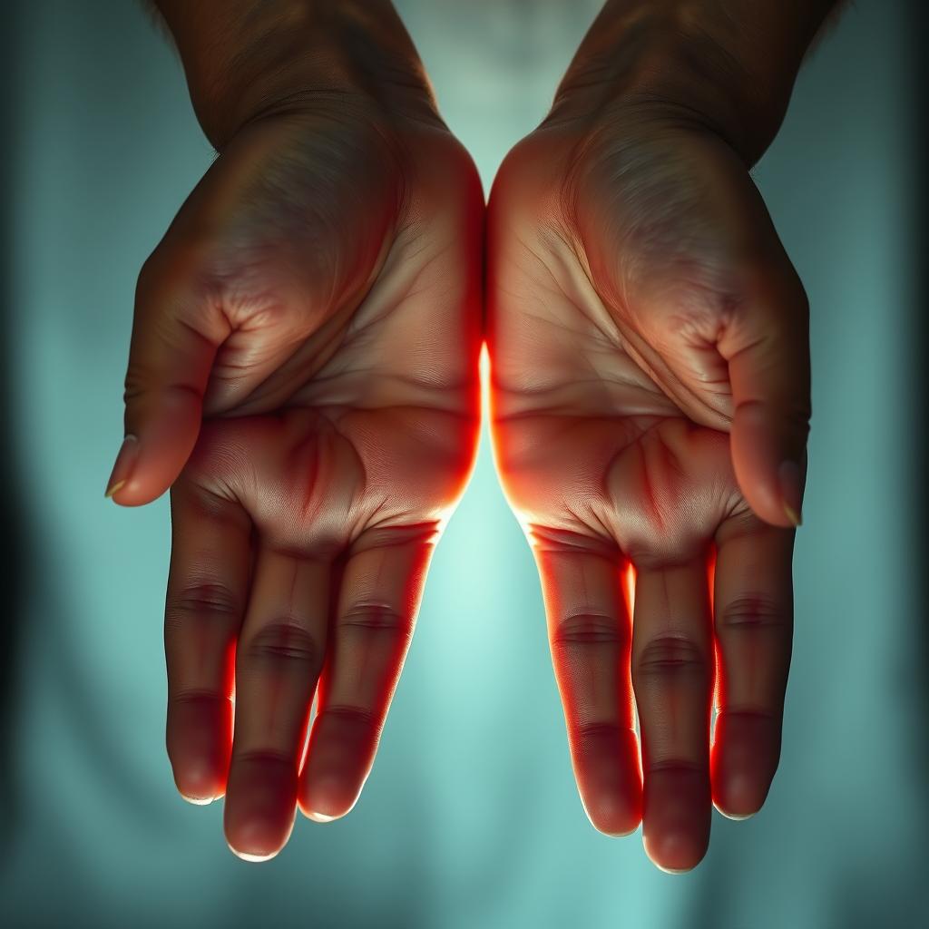 A close-up image of a pair of hands showcasing prominent veins, artistically lit to highlight the details of the skin and veins