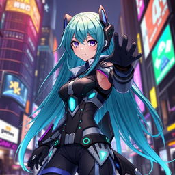 A stunning new anime character girl with long, flowing teal hair and big, expressive violet eyes