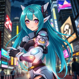 A stunning new anime character girl with long, flowing teal hair and big, expressive violet eyes