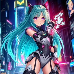 A stunning new anime character girl with long, flowing teal hair and big, expressive violet eyes