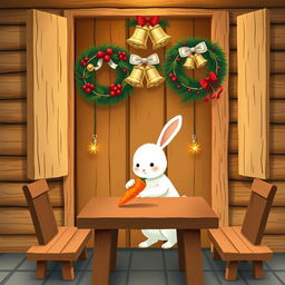 Inside a cozy wooden cabin, a cute little white rabbit is placing a bright orange carrot on a brown square table