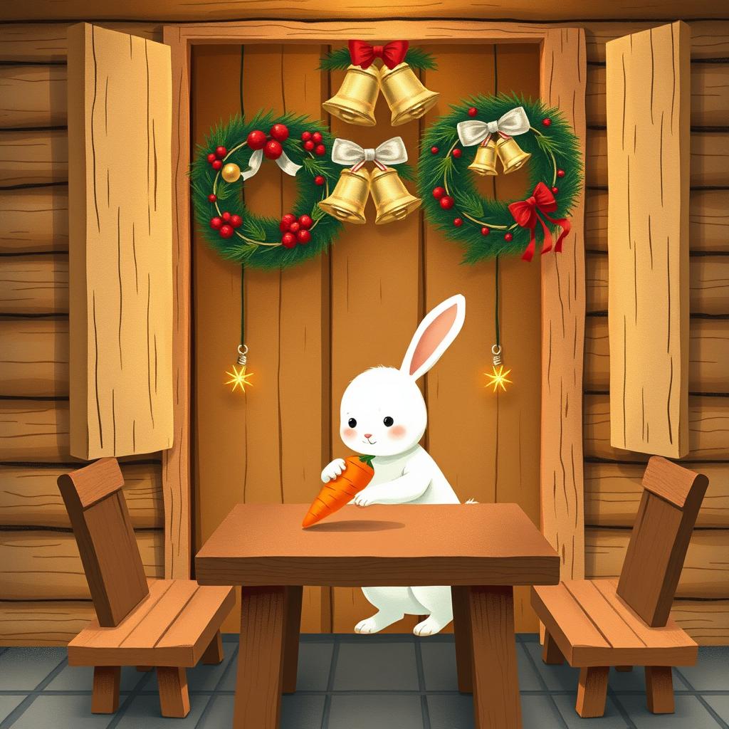 Inside a cozy wooden cabin, a cute little white rabbit is placing a bright orange carrot on a brown square table