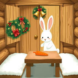 Inside a cozy wooden cabin, a cute little white rabbit is placing a bright orange carrot on a brown square table