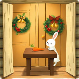Inside a cozy wooden cabin, a cute little white rabbit is placing a bright orange carrot on a brown square table
