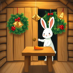 Inside a cozy wooden cabin, a cute little white rabbit is placing a bright orange carrot on a brown square table