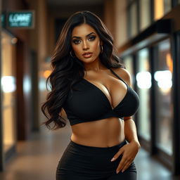A voluptuous brunette woman, embodying a curvy figure with ample breasts, exuding confidence and allure