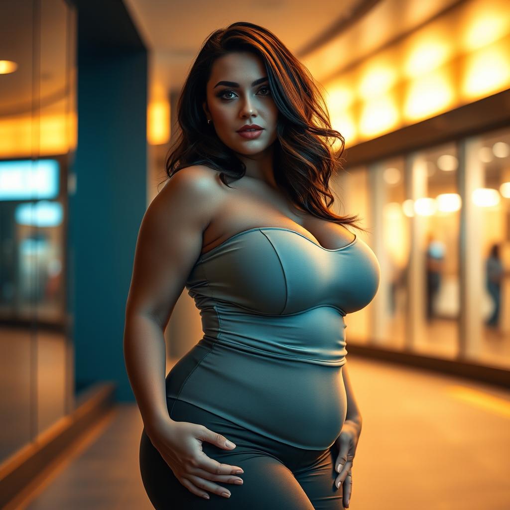 A voluptuous brunette woman, embodying a curvy figure with ample breasts, exuding confidence and allure
