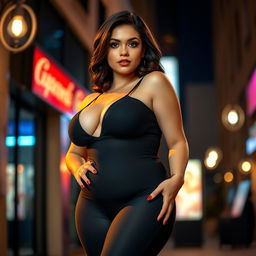 A voluptuous brunette woman, embodying a curvy figure with ample breasts, exuding confidence and allure