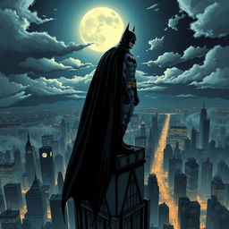 A dynamic illustration of Batman standing atop a gothic skyscraper under a moonlit sky, the city of Gotham sprawling below him with dimly lit streets and ominous clouds gathering overhead