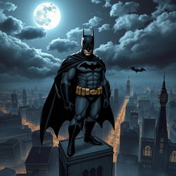 A dynamic illustration of Batman standing atop a gothic skyscraper under a moonlit sky, the city of Gotham sprawling below him with dimly lit streets and ominous clouds gathering overhead