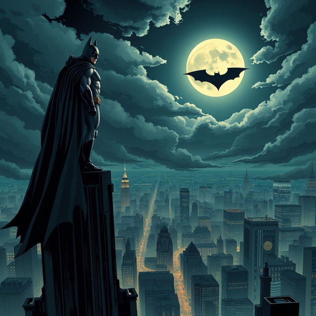 A dynamic illustration of Batman standing atop a gothic skyscraper under a moonlit sky, the city of Gotham sprawling below him with dimly lit streets and ominous clouds gathering overhead