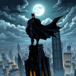 A dynamic illustration of Batman standing atop a gothic skyscraper under a moonlit sky, the city of Gotham sprawling below him with dimly lit streets and ominous clouds gathering overhead