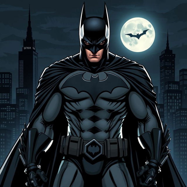 A highly detailed and stylized design of Batman, featuring his iconic black cape and cowl, muscular physique, and the unmistakable bat symbol emblazoned on his chest